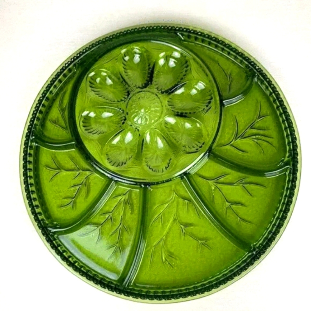 Indiana Glass Avocado Green Depression Glass Egg & Relish Tray 13"